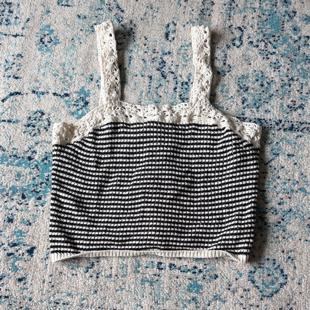 aerie Black & Cream Striped Cropped Tank with Crochet Detail